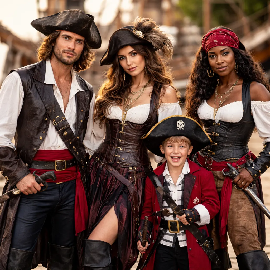 Group of adults and a child wearing stylish pirate costumes with hats, boots, and accessories, posing on a dock with a ship in the background
