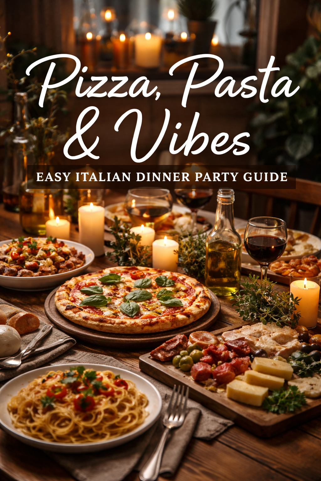 Cozy Italian dinner with pizza, pasta and warm ambient lighting