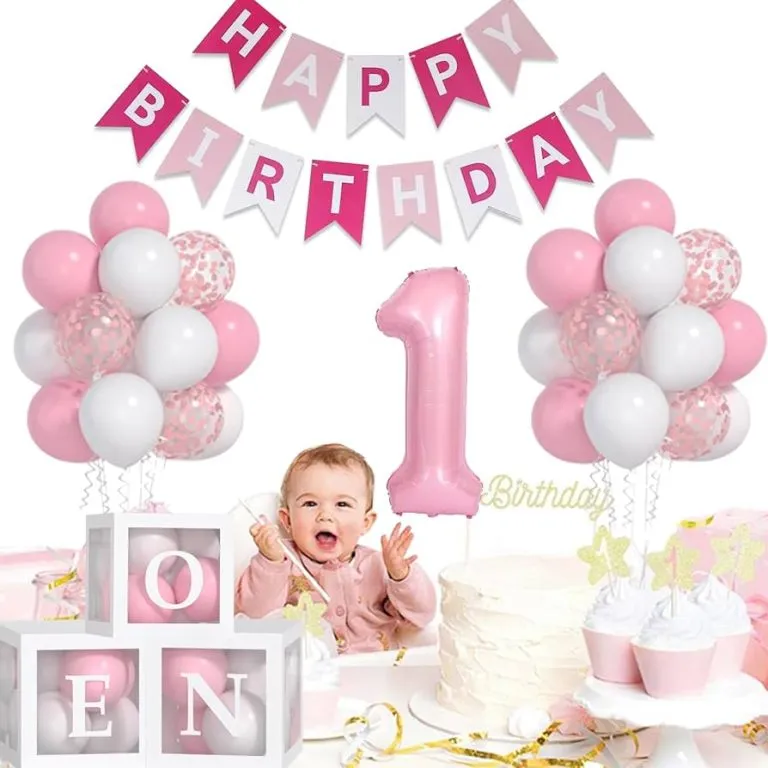 Beautiful first birthday party setup with pastel balloons, decorated cake table, soft lighting, and baby celebration backdrop for memorable photos.