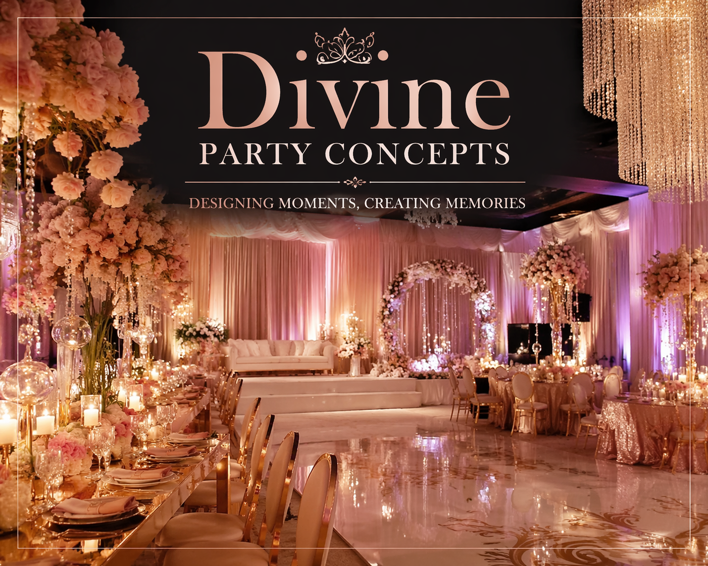 Elegant luxury party setup featuring floral arrangements, soft pink and gold lighting, chandeliers, and a stylish banquet hall