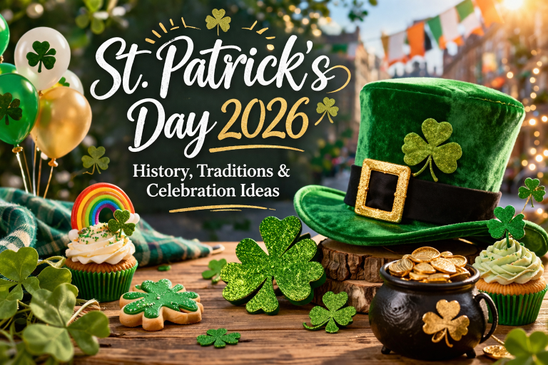 St. Patrick’s Day 2026 feature image showing a festive green-themed setup with a leprechaun hat, shamrocks, cupcakes, gold coins, and holiday decorations in a warm outdoor celebration setting