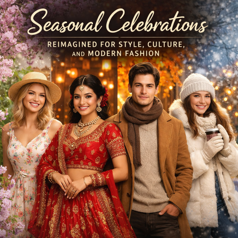 Seasonal Celebrations fashion collage featuring four models representing spring, summer, autumn, and winter in culturally inspired outfits with floral, festive, warm, and snowy backgrounds.
