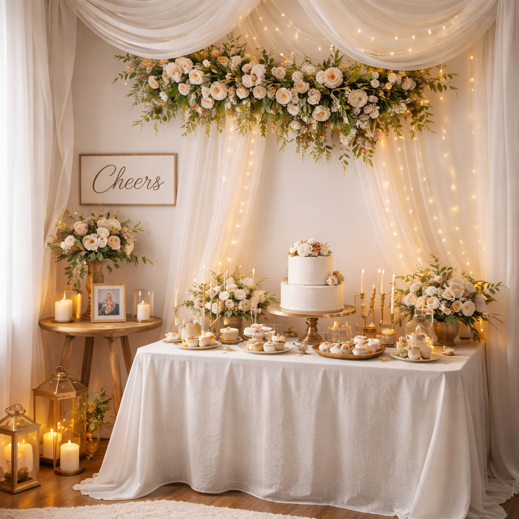 Elegant no balloon celebration setup with soft draped fabric, warm fairy lights, floral arrangements, candles, and a styled dessert table creating a calm and sophisticated party atmosphere.