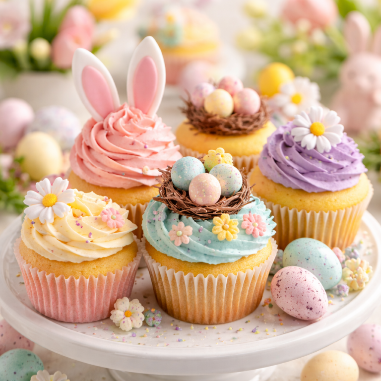 Colorful Easter cupcakes with pastel frosting, bunny ears, chocolate nests, and spring decorations displayed on a cake stand
