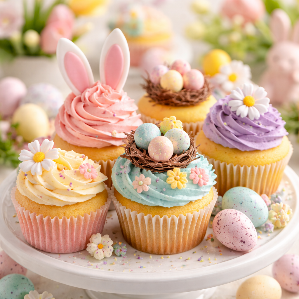 Colorful Easter cupcakes with pastel frosting, bunny ears, chocolate nests, and spring decorations displayed on a cake stand
