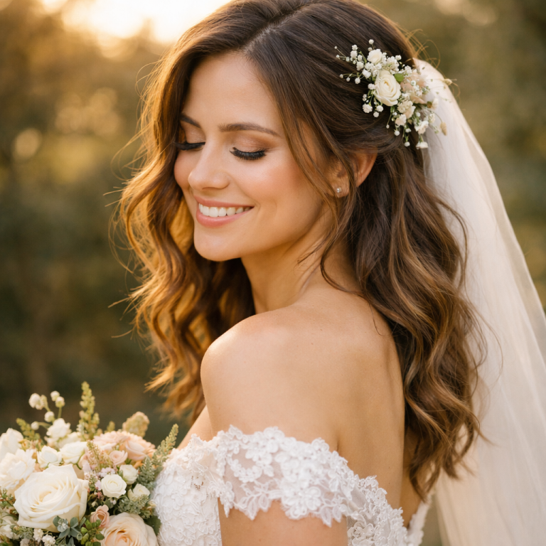 Natural wedding hairstyle of a bride outdoors with soft waves, glowing skin, and a romantic elegant look