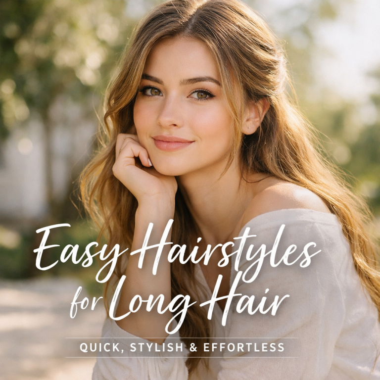 Easy Hairstyles for Long Hair feature image showing a smiling woman with long soft waves, natural makeup, and a relaxed elegant look in sunlight