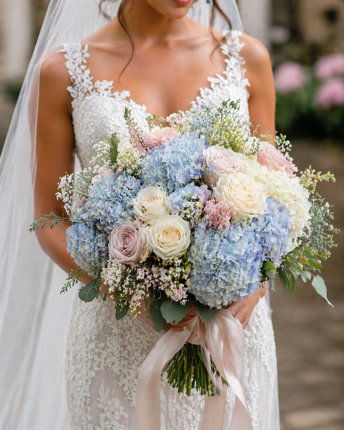 Hydrangea bridal bouquet with soft pastel flowers and elegant romantic styling