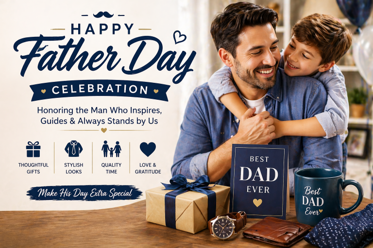 Father Day feature image showing a happy father with his child sharing a warm moment, surrounded by a gift box and simple decor, representing love, appreciation, and meaningful family celebration.