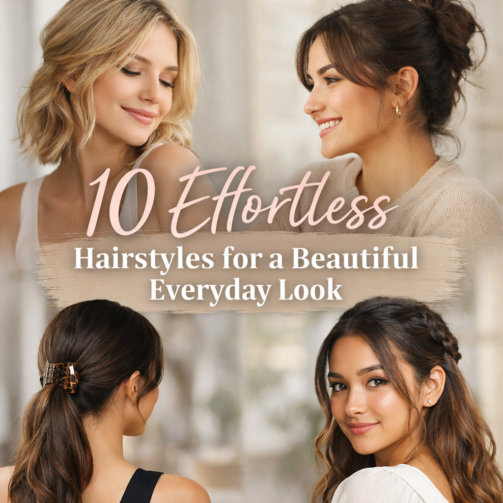 A soft aesthetic collage of four women showing simple everyday hairstyles including loose waves, a messy bun, a low ponytail with a claw clip, and a half-up braided style, with elegant text overlay reading “10 Effortless Hairstyles for a Beautiful Everyday Look.”