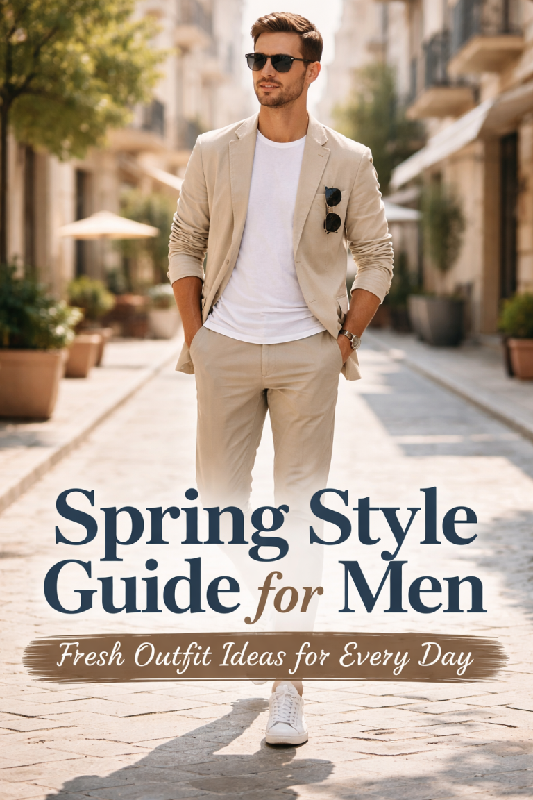 Stylish man in a beige blazer, white t-shirt, and light chinos walking on a sunny street, representing a modern spring style guide for men with fresh outfit ideas.