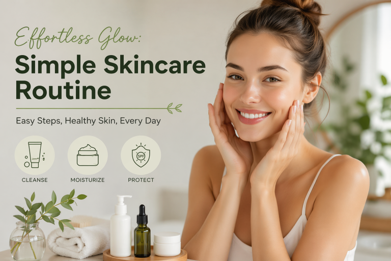 Simple skincare routine essentials featuring cleanser, moisturizer, and sunscreen arranged neatly on a clean bathroom counter with soft natural lighting, representing an easy daily skincare routine for healthy glowing skin