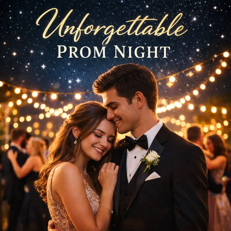 Romantic couple dancing under glowing fairy lights on a magical prom night with “Unforgettable Prom Night” text above, elegant formal outfits, and a starry sky background.