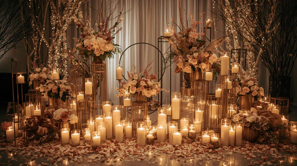Romantic candle-lined wedding aisle with glowing lanterns, soft flowers, and warm lighting creating a magical ceremony setting.