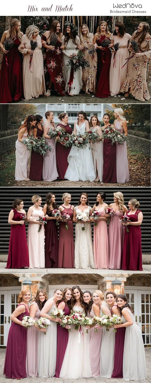 Elegant bridesmaid dresses in coordinated colors with a stylish bridal party standing together at a wedding, showcasing modern and flattering styles.