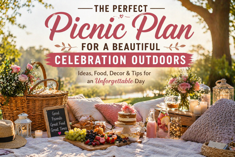 Aesthetic outdoor picnic setup with soft blankets, cushions, fresh fruits, drinks, and flowers arranged beautifully in a park for a cozy and elegant celebration.