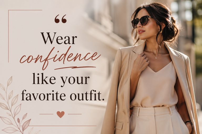 Minimal fashion aesthetic image with quote wear confidence like your favorite outfit and modern outfit style