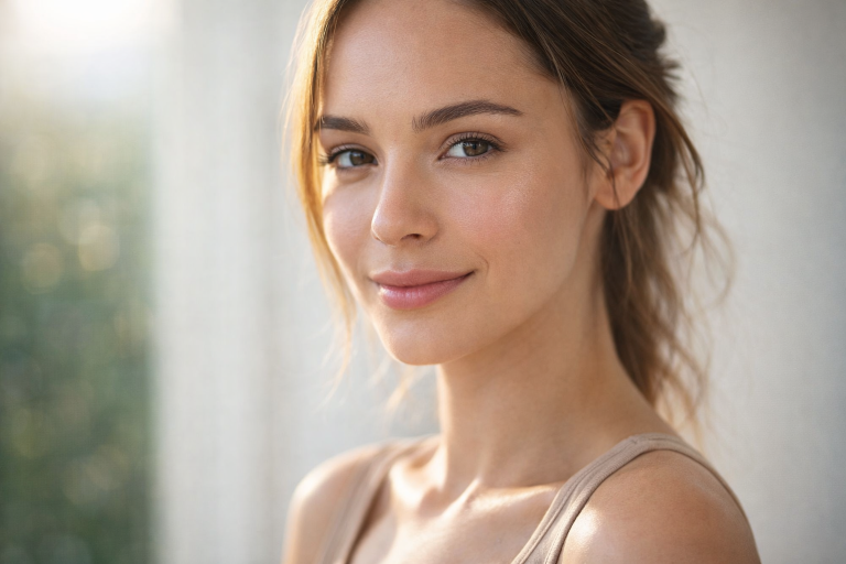 Woman with glowing skin, minimal makeup, and soft natural lighting representing a modern beauty guide with a clean, polished everyday look.