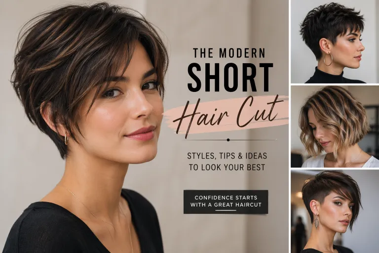 Modern magazine-style feature image showcasing trendy short hair cut styles, including a soft layered pixie, textured bob, and edgy undercut, with clean typography and a confident, natural beauty aesthetic.