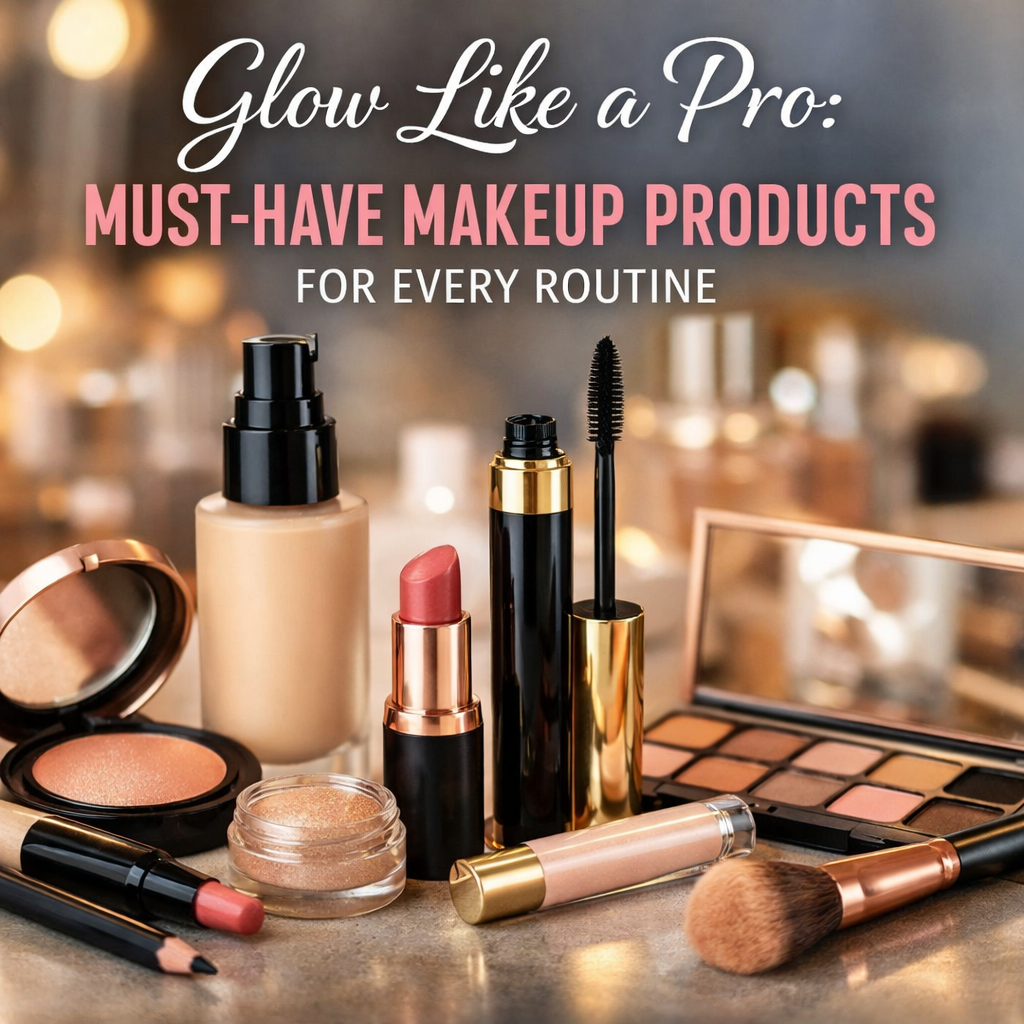 A clean and elegant flat lay of essential makeup products including foundation, lipstick, mascara, eyeshadow palette, and brushes arranged on a soft neutral background, representing a complete daily beauty routine.