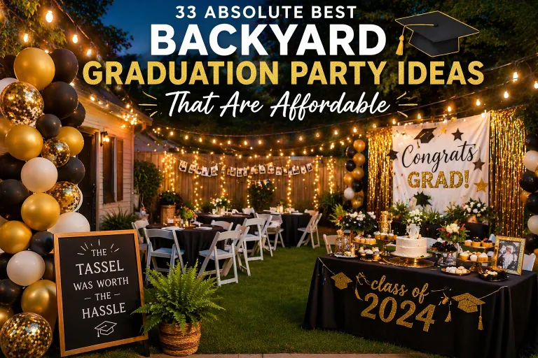Backyard graduation party setup with string lights, black and gold balloons, decorated tables, dessert station, and “Congrats Grad” banner featuring “Best Backyard Graduation Party Ideas That Are Affordable” text overlay.