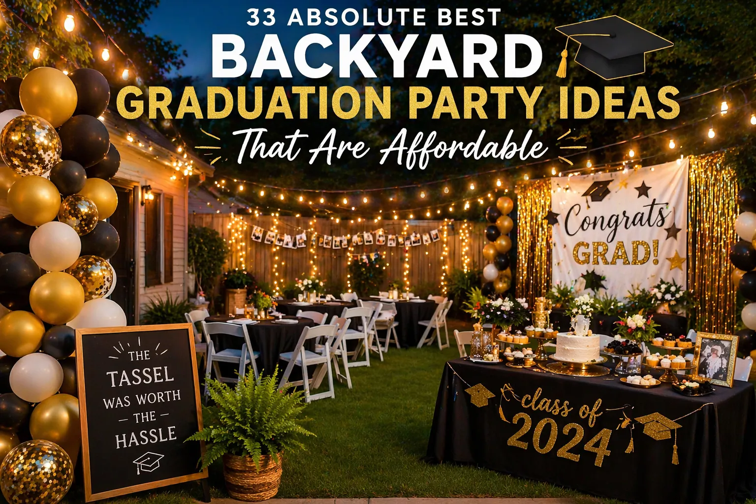Backyard graduation party setup with string lights, black and gold balloons, decorated tables, dessert station, and “Congrats Grad” banner featuring “Best Backyard Graduation Party Ideas That Are Affordable” text overlay.
