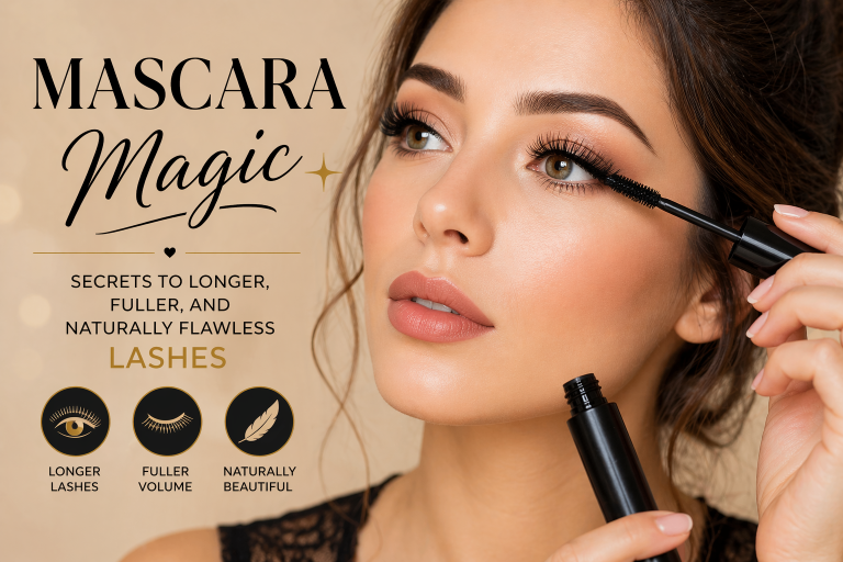 Close-up of a woman applying mascara with a wand, showcasing long, full, and defined lashes in a soft glam beauty look with natural makeup and smooth skin