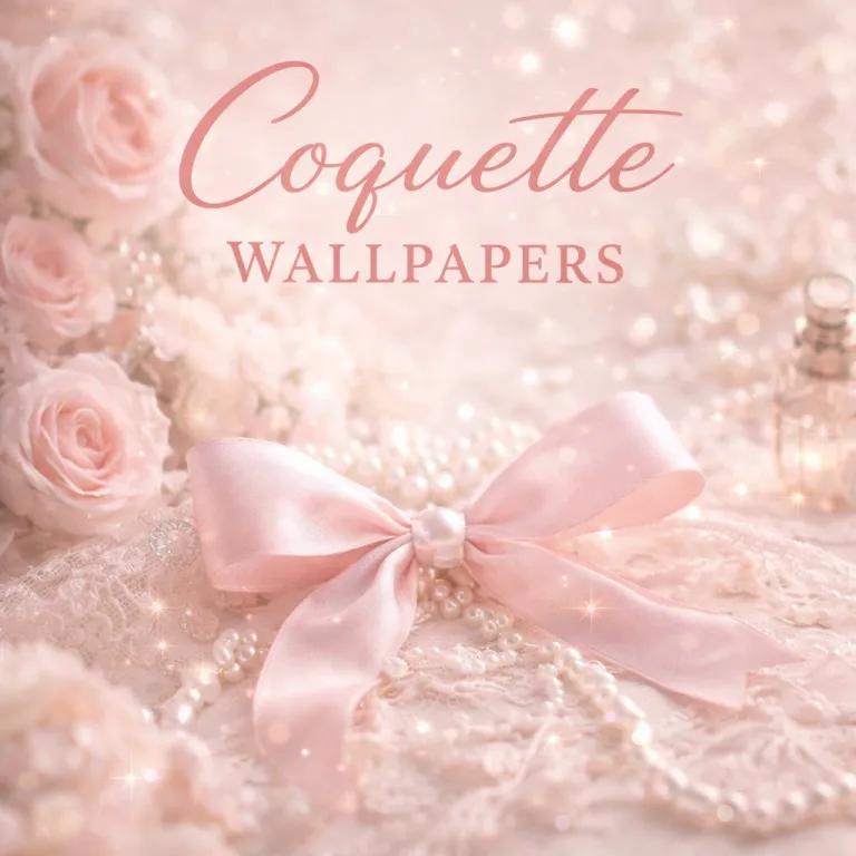 Soft coquette aesthetic wallpaper featuring blush pink roses, satin ribbon bow with pearls, lace textures, and elegant “Coquette Wallpapers” text in a dreamy feminine style.