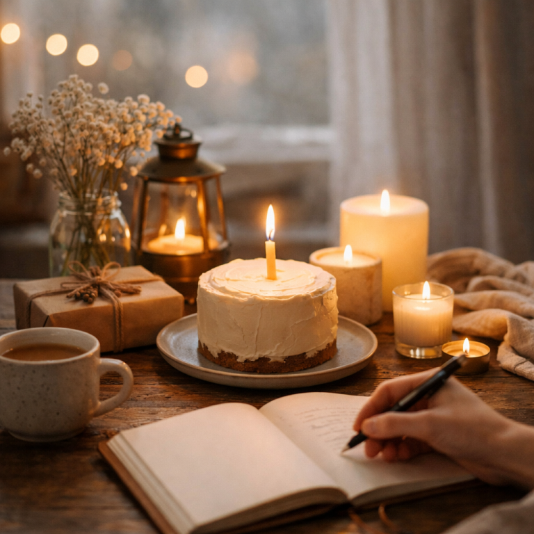 alt text Quiet Celebrations concept featuring a cozy minimalist setup with soft candlelight, a small table, neutral decor, and an intimate peaceful atmosphere focused on meaningful moments without noise