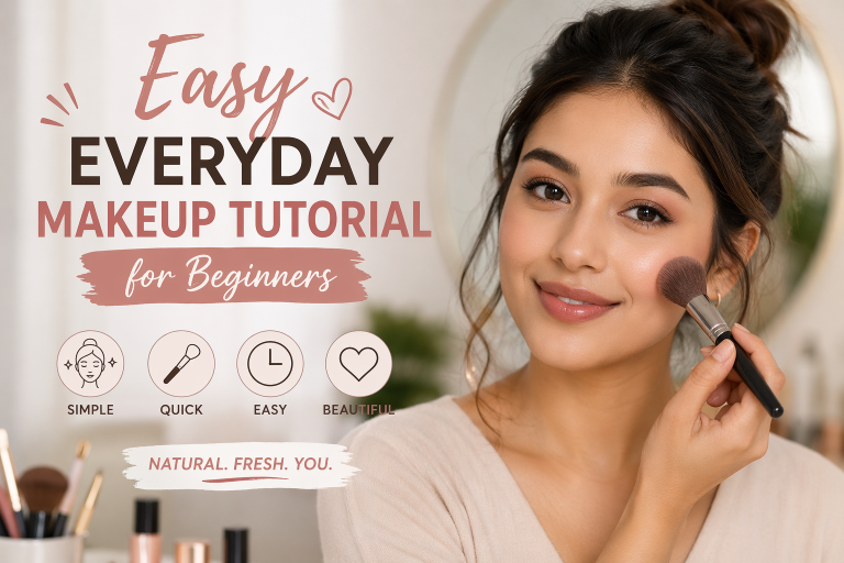 Young woman applying blush with a makeup brush, featuring a soft natural look with text “Easy Everyday Makeup Tutorial for Beginners” in a clean, minimal beauty setup.