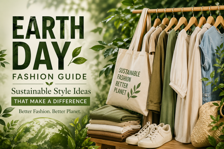 Earth Day fashion feature image showing eco-friendly clothing in natural tones, sustainable tote bag, and minimalist wardrobe setup surrounded by greenery, promoting sustainable style ideas and conscious fashion choices.