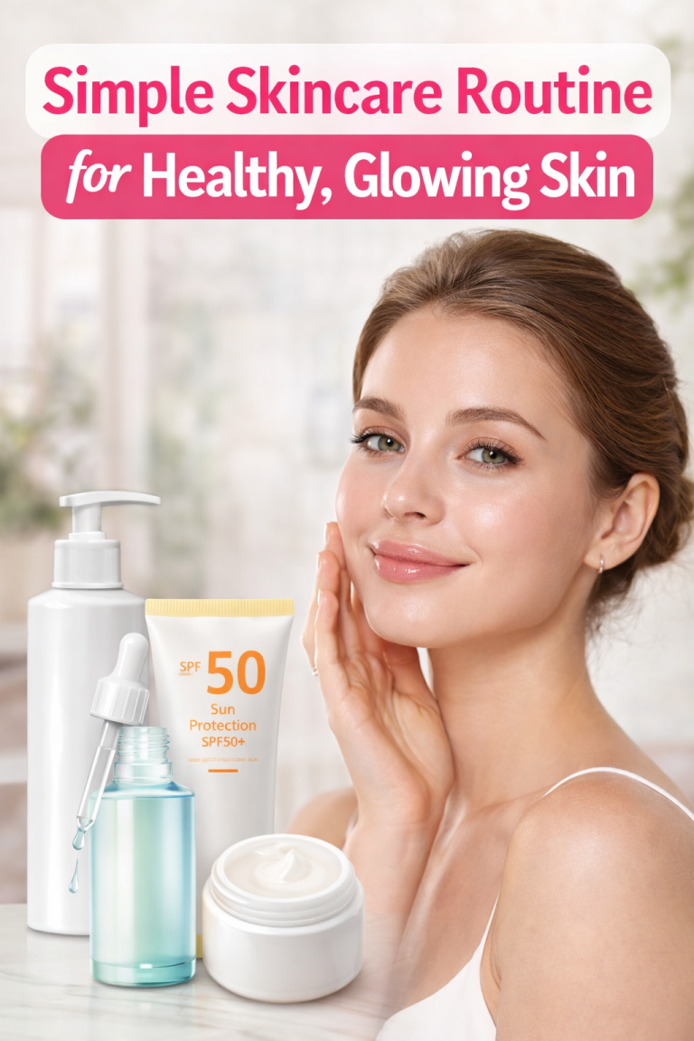 A glowing woman with smooth, radiant skin surrounded by essential skincare products like cleanser, serum, moisturizer, and sunscreen, with text highlighting a simple skincare routine for healthy, glowing skin.