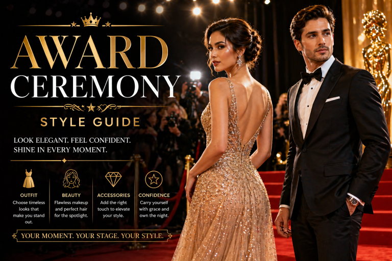 Award ceremony red carpet style with elegant gown and tuxedo look