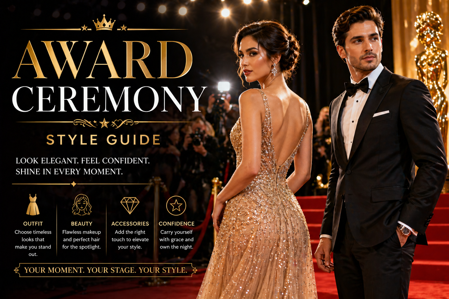 Award ceremony red carpet style with elegant gown and tuxedo look