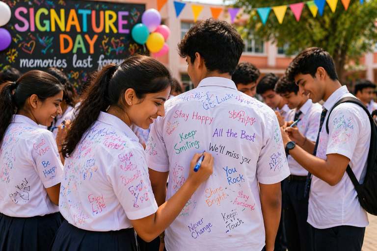 Students celebrating signature day in a school courtyard, writing colorful messages on each other’s white shirts under bright decorations and a cheerful banner.
