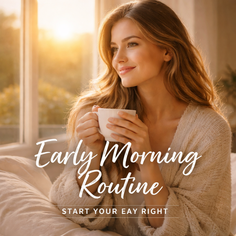 Early Morning Routine feature image showing a woman enjoying sunrise with a cup of coffee, soft natural light, calm expression, and cozy morning setting