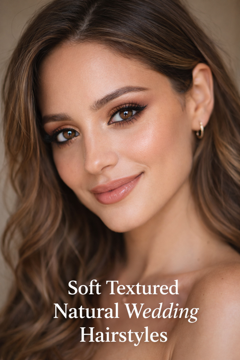 Close-up of a woman with brown eyes wearing warm bronze and copper eyeshadow, soft glowing skin, and natural makeup enhancing her features