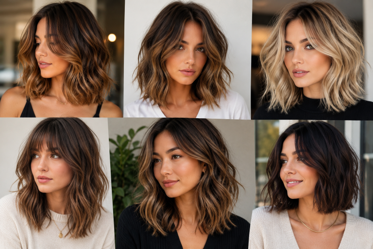 Collage of women with medium length hairstyles featuring soft waves, layered lobs, curtain bangs, textured cuts, and glossy shoulder length hair in modern salon-inspired styles