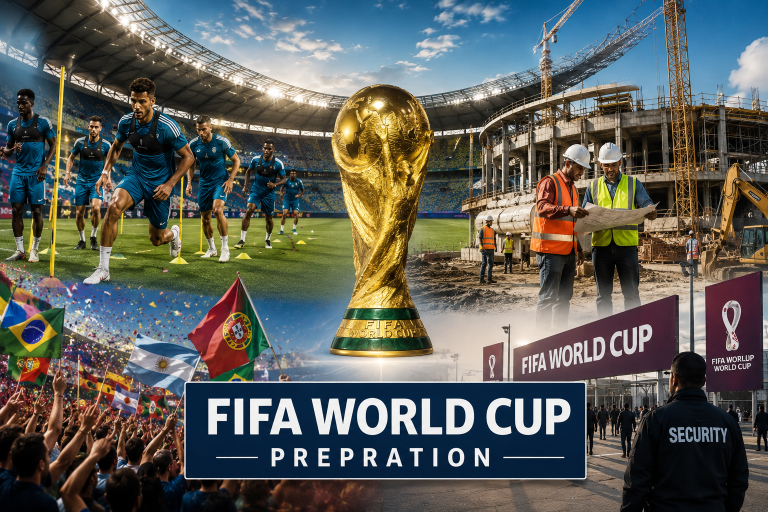 Collage showing FIFA World Cup preparation with football players training, stadium construction, cheering fans, security teams, and the World Cup trophy inside a large modern stadium