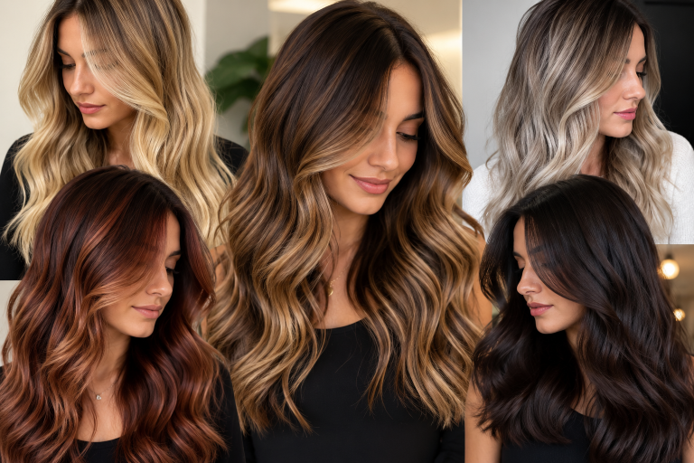 Collage of stylish women with glossy balayage, brunette, blonde, and copper hair colors showcasing modern hair color ideas in a luxury salon inspired beauty setting.