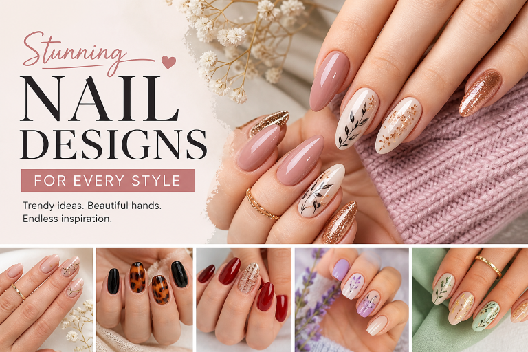 Elegant feature image showing a collage of modern nail designs on manicured hands, including nude, floral, glossy, and glitter styles, with soft pastel tones and stylish typography highlighting trendy nail art inspiration.