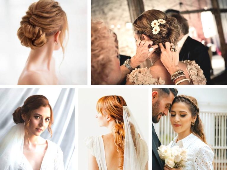 Elegant bridal hairstyle comparison featuring a classic romantic bun and a modern sleek ponytail with luxurious wedding makeup, soft lighting, and timeless bridal fashion inspiration.