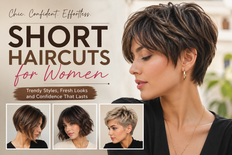 Stylish woman with a modern short haircut posing confidently in a fashion inspired setting with soft lighting and elegant beauty styling.