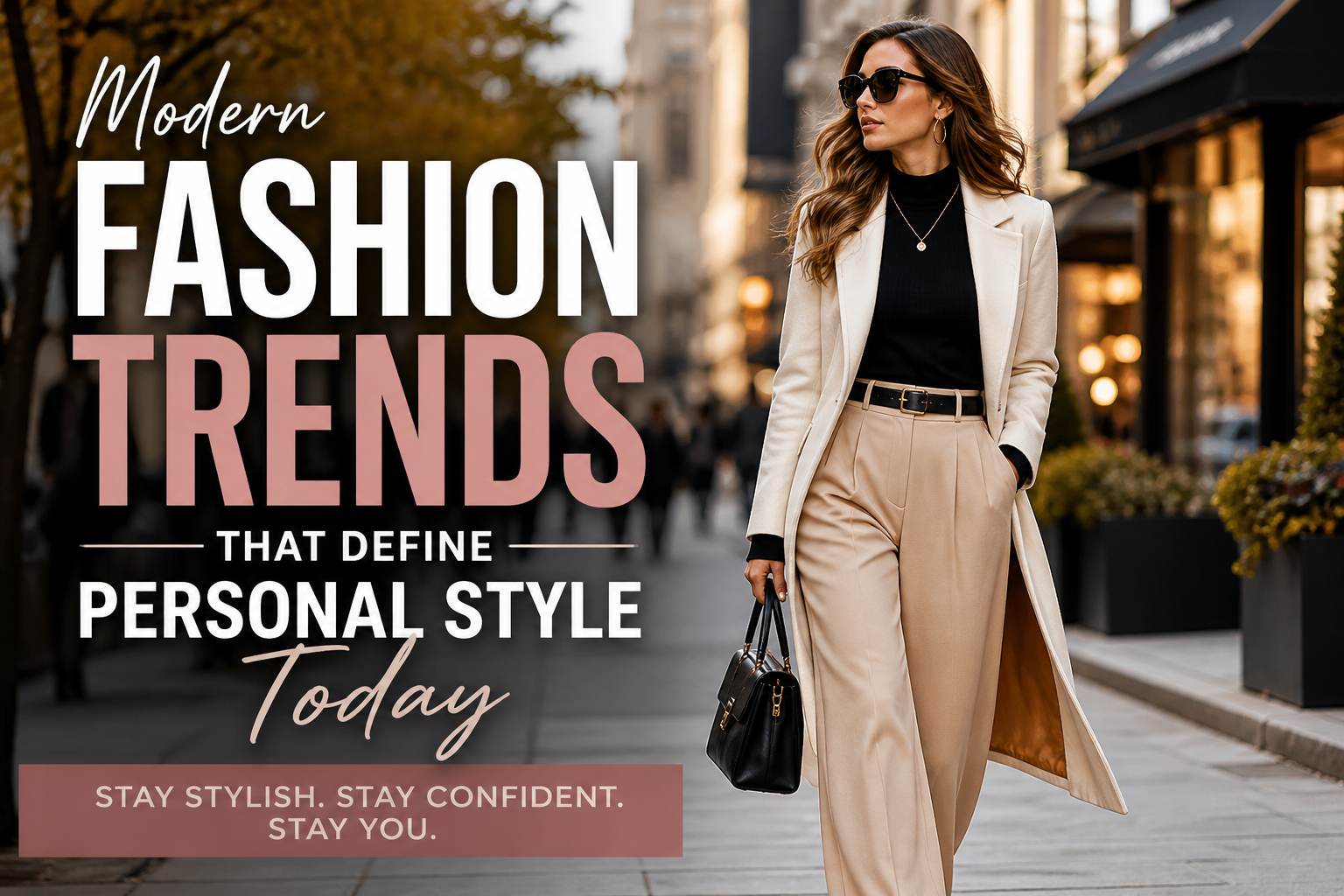 Stylish feature image showing modern fashion trends with confident models wearing contemporary streetwear, neutral layered outfits, oversized blazers, trendy sneakers, and elegant seasonal accessories in a clean urban setting.