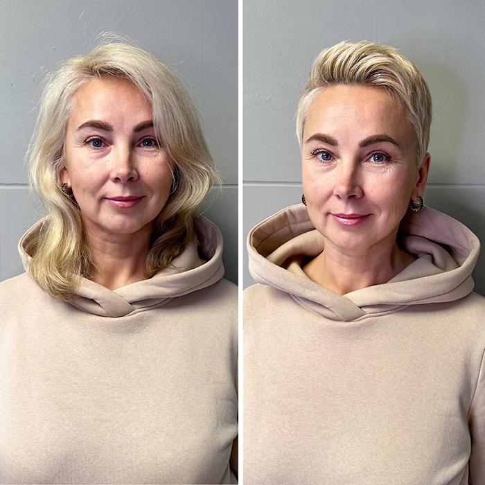 Before and after haircut transformation showing a person with a new hairstyle, highlighting increased confidence and a refreshed, modern look.
