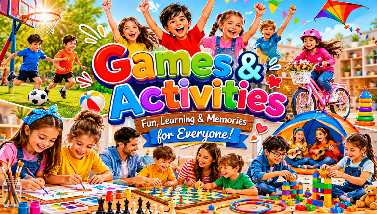 Children playing colorful board games and outdoor activities in a sunny park with bold Games & Activities title text, showcasing fun learning, teamwork, creativity, and joyful childhood moments