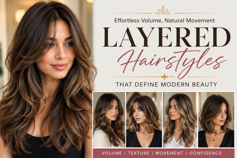 Feature image showing a woman with long layered hair featuring soft waves, face-framing layers, and voluminous texture beside elegant typography about modern layered hairstyles and beauty trends for 2026