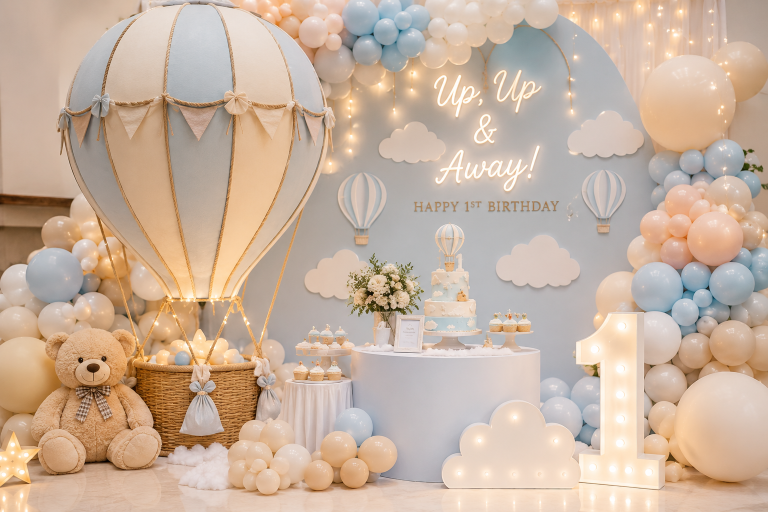 Dreamy Hot Air Balloon 1st Birthday Party setup with pastel balloon decorations, teddy bear, glowing lights, cloud props, and elegant birthday cake creating a magical celebration atmosphere for a baby’s first birthday.