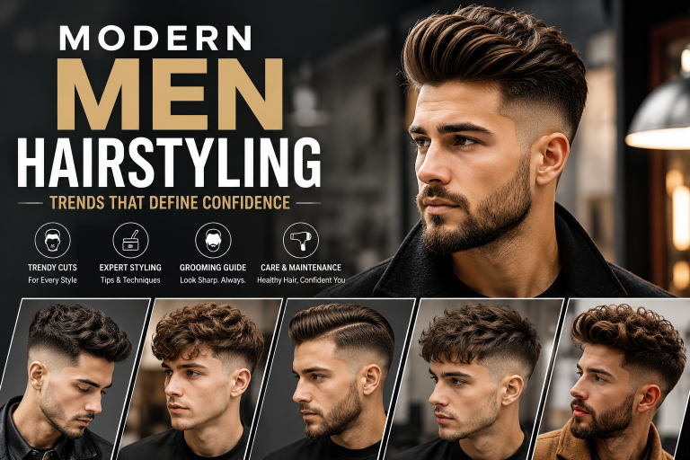 Feature image showcasing modern men hairstyling trends with stylish male models wearing textured fades, slick back cuts, curly hairstyles, and sharp barber-inspired grooming looks in a luxury barbershop setting.