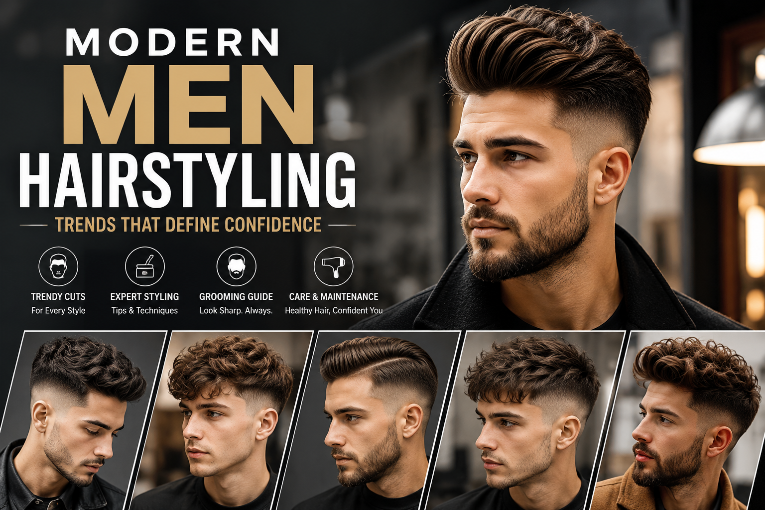 Feature image showcasing modern men hairstyling trends with stylish male models wearing textured fades, slick back cuts, curly hairstyles, and sharp barber-inspired grooming looks in a luxury barbershop setting.